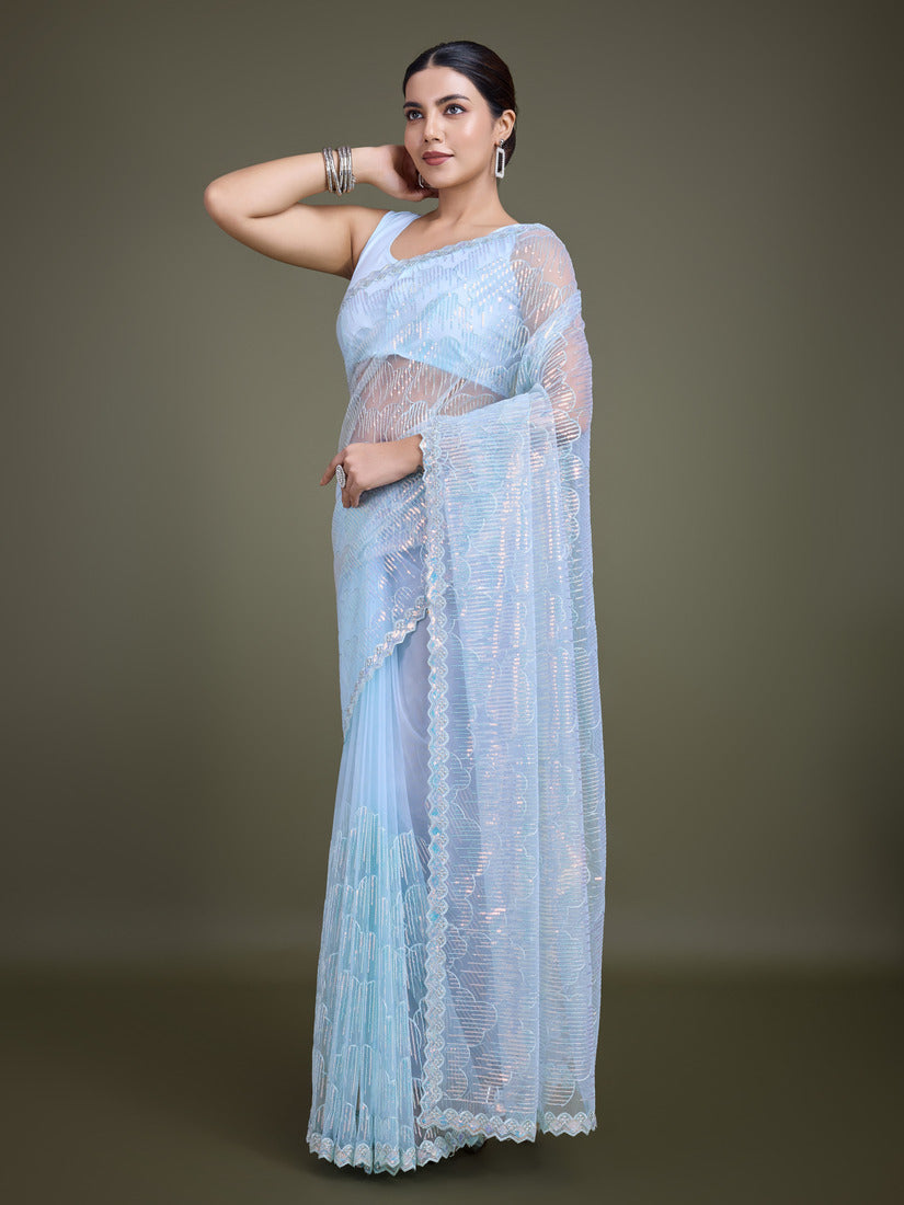 Monjolika Fashion Exclusive Women'S Light Sky Blue Soft Net SareeWith Sequin Work