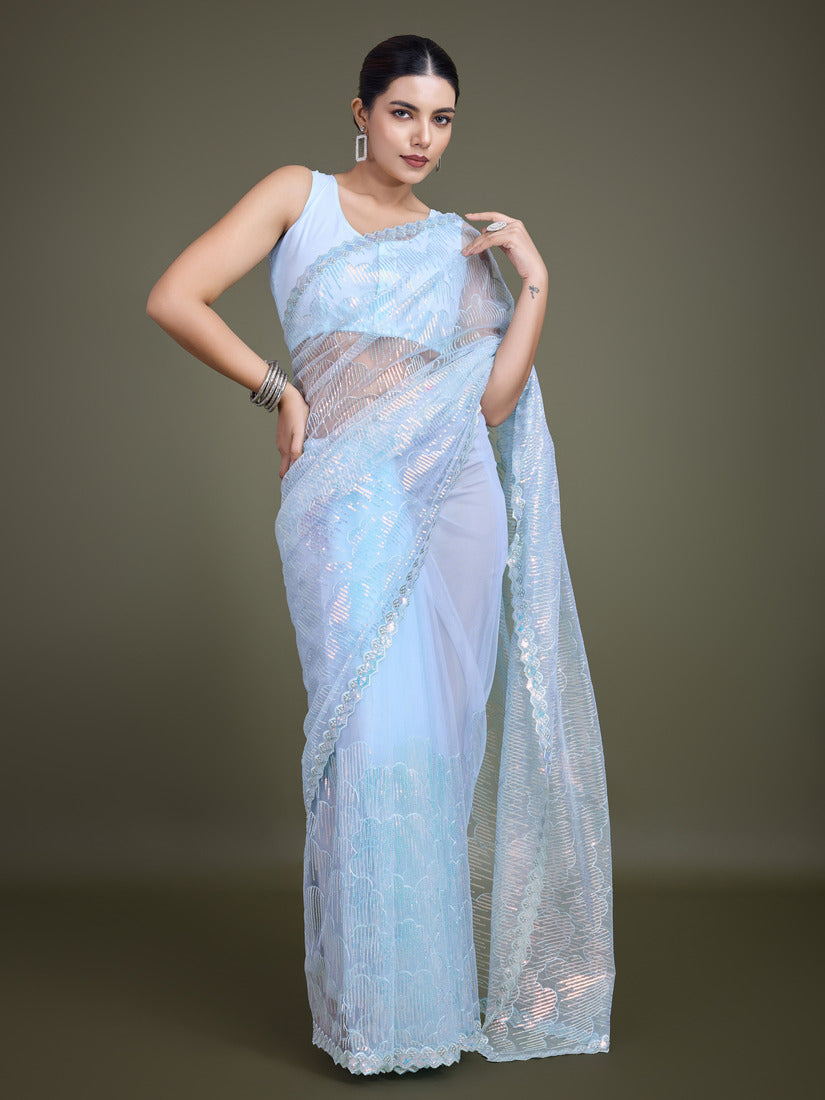 Monjolika Fashion Exclusive Women'S Light Sky Blue Soft Net SareeWith Sequin Work