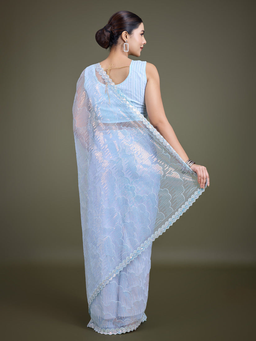 Monjolika Fashion Exclusive Women'S Light Sky Blue Soft Net SareeWith Sequin Work