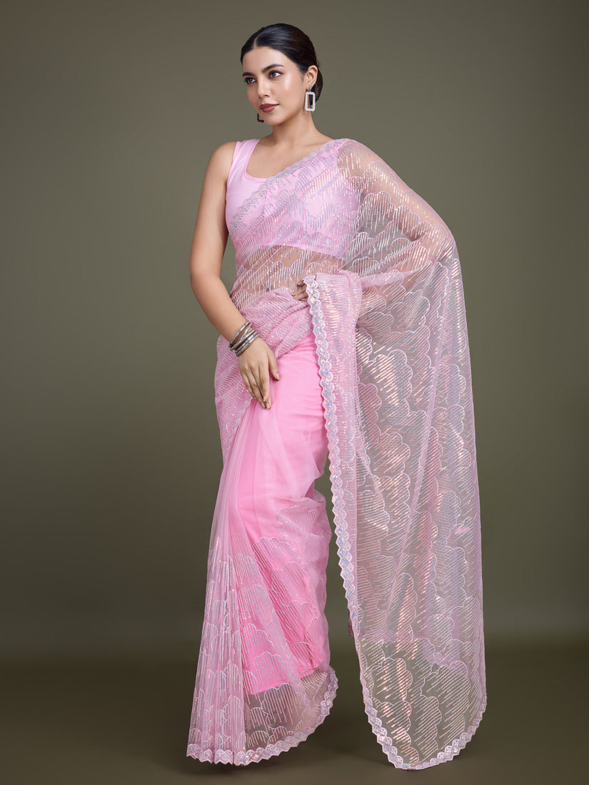 Monjolika Fashion Exclusive Women'S Light Pink Soft Net SareeWith Sequin Work