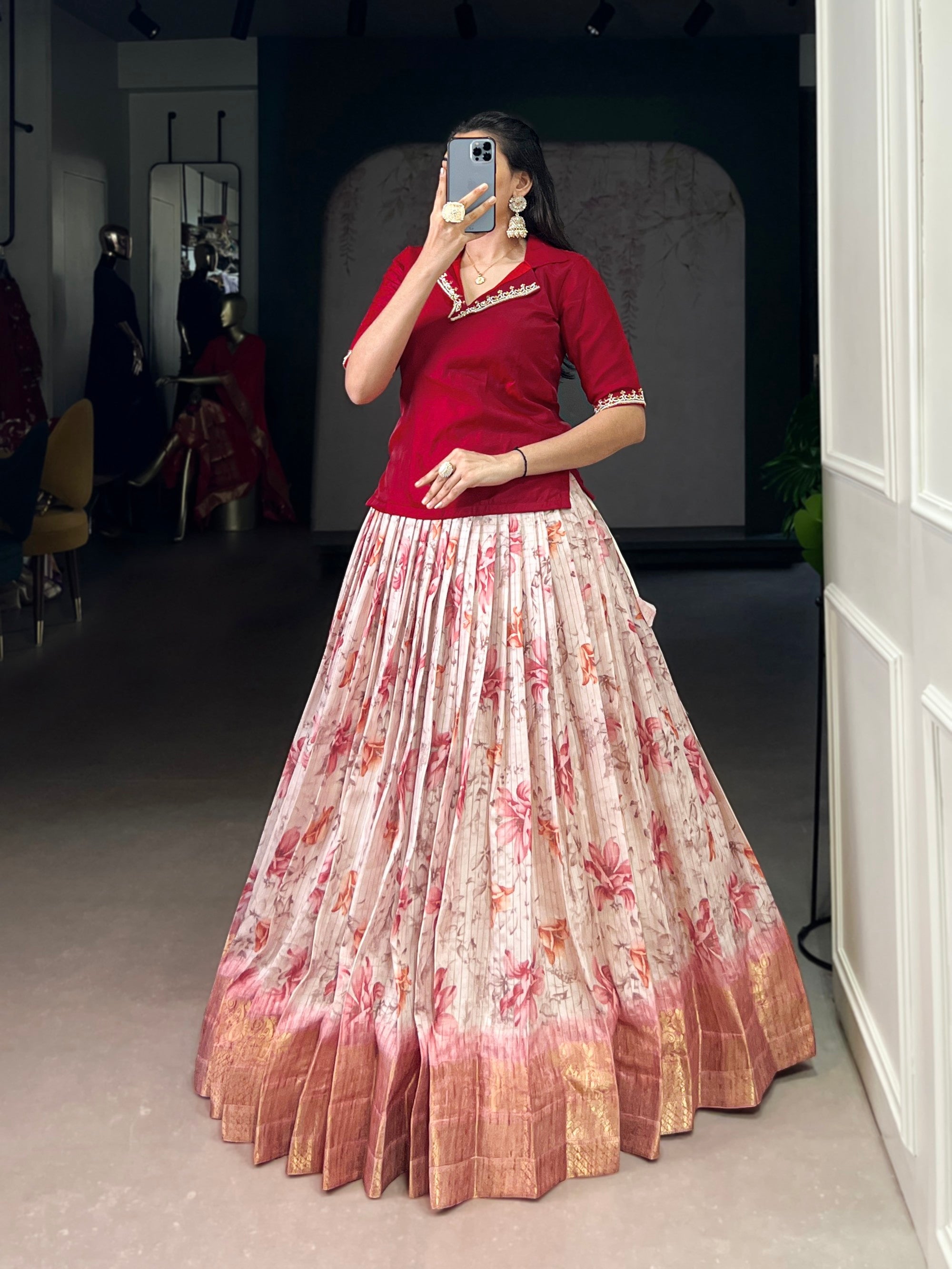 Lorenvalley Fashion Red Dola Chex Floral Printed With Zari Weaving Work Lehenga Choli