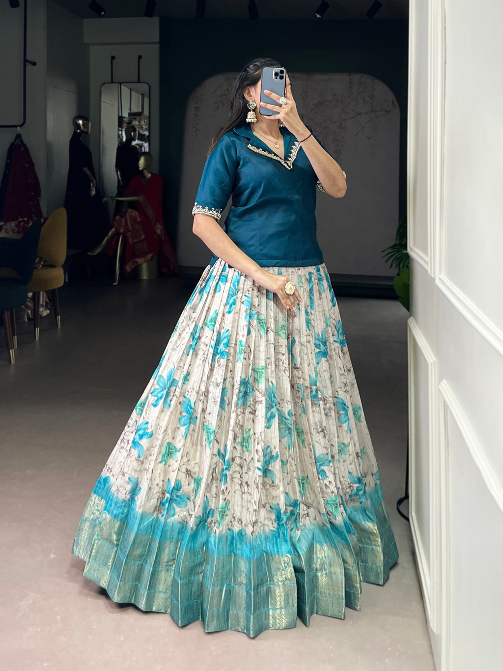 Lorenvalley Fashion Teal Dola Chex Floral Printed With Zari Weaving Work Lehenga Choli