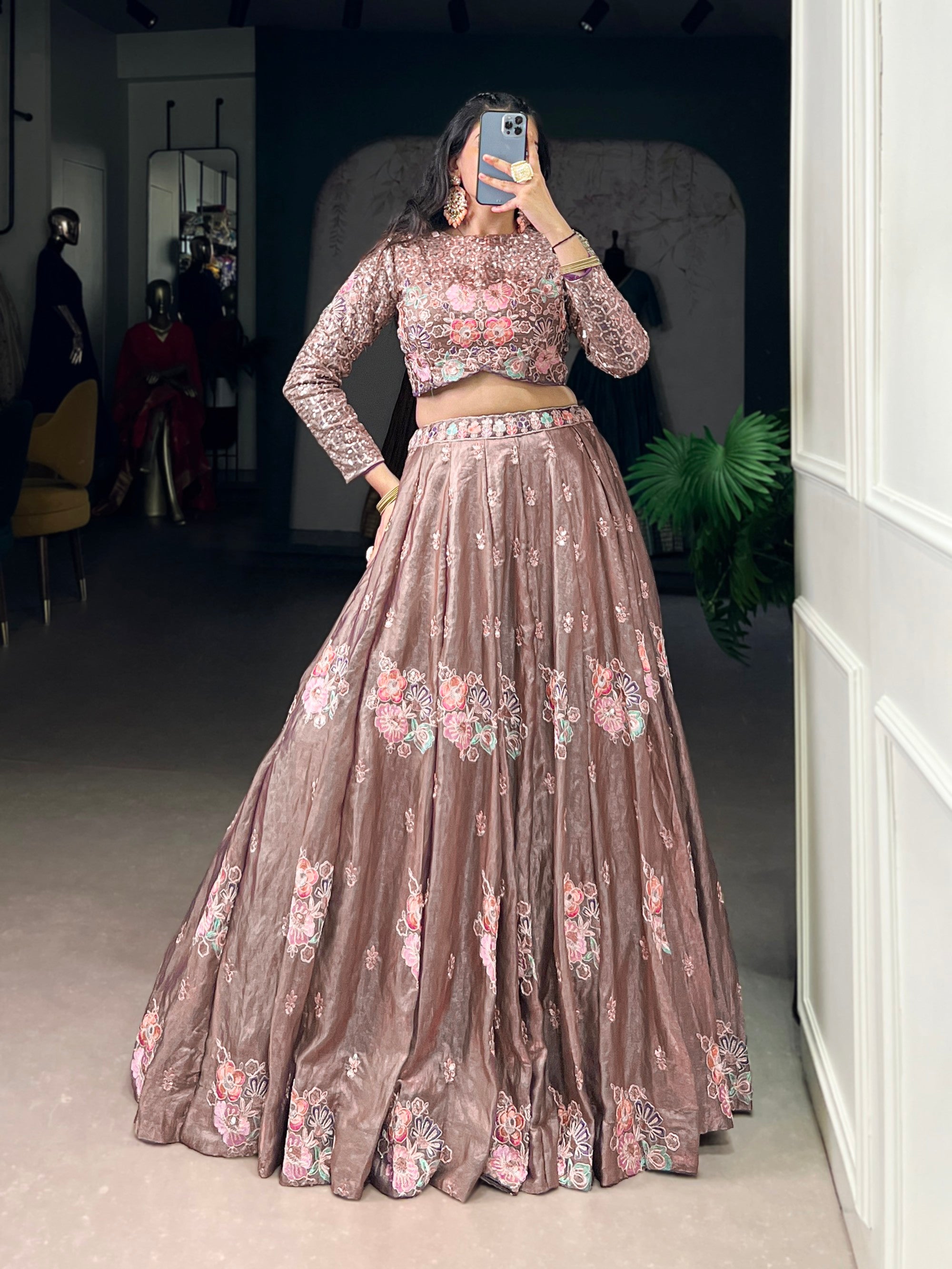 Lorenvalley Fashion Onionpink Fendy Silk Sequins and Thread Embroidery Work Lehenga Choli