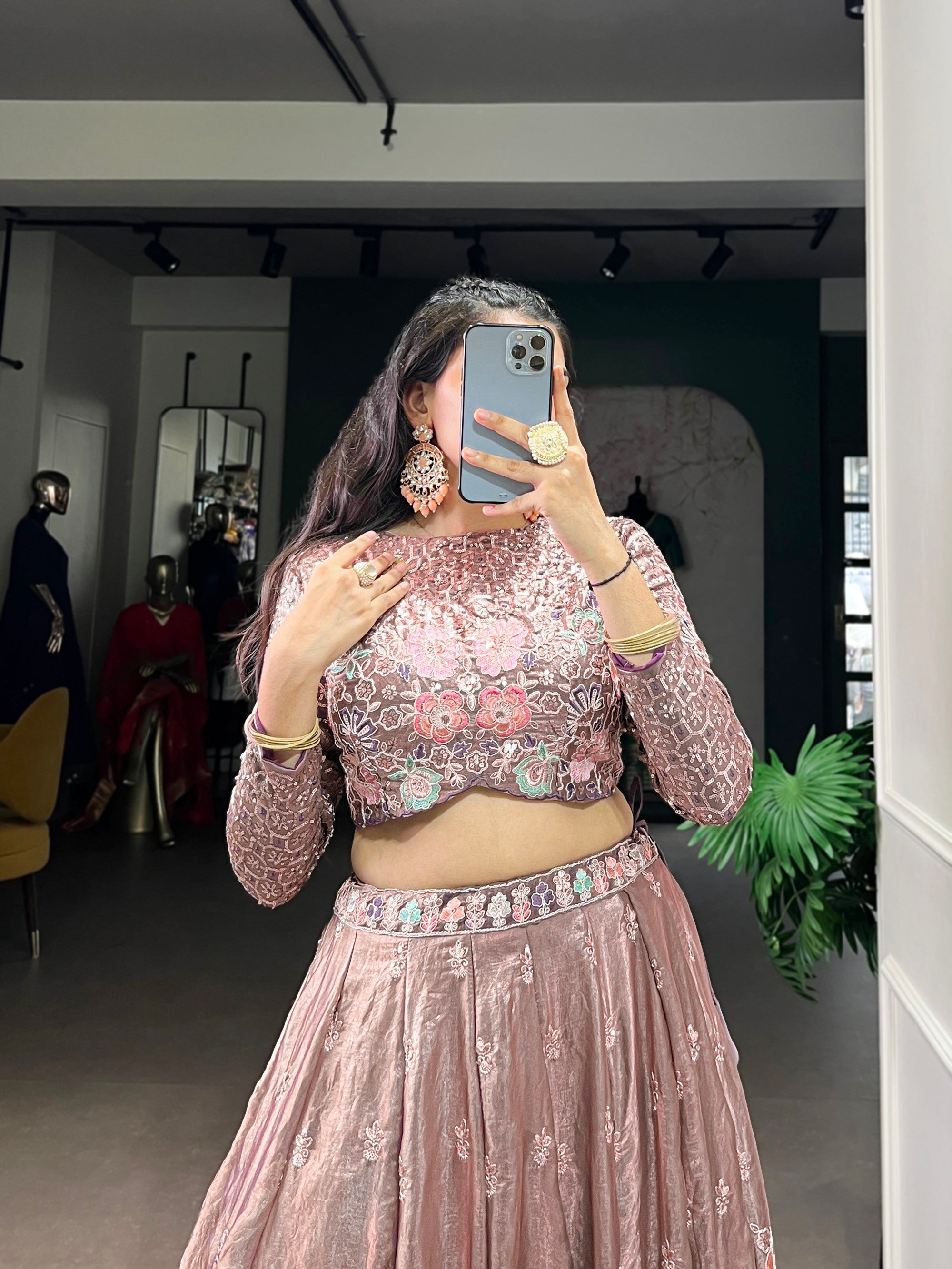 Lorenvalley Fashion Onionpink Fendy Silk Sequins and Thread Embroidery Work Lehenga Choli