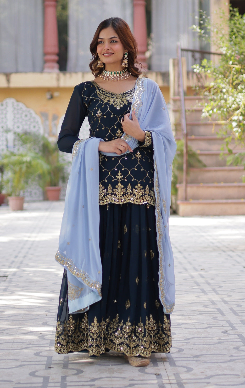 Vedant Vastram Heavy Embroidery & Sequins Work Pure Georgette Kurti Plazo Set With Dupatta - Blue