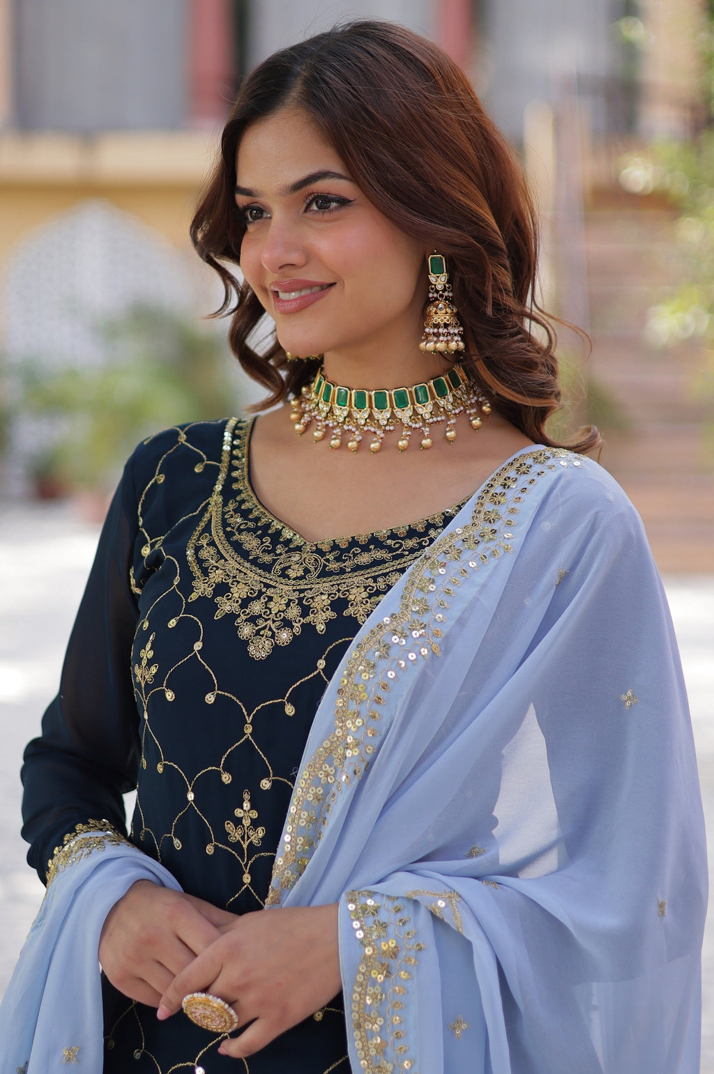Vedant Vastram Heavy Embroidery & Sequins Work Pure Georgette Kurti Plazo Set With Dupatta - Blue