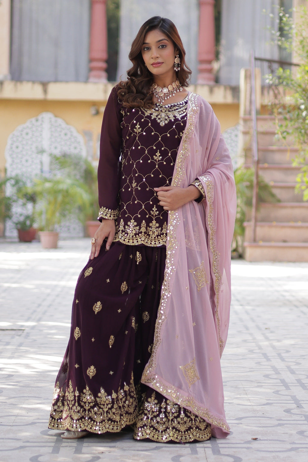 Vedant Vastram Heavy Embroidery & Sequins Work Pure Georgette Kurti Plazo Set With Dupatta - Wine