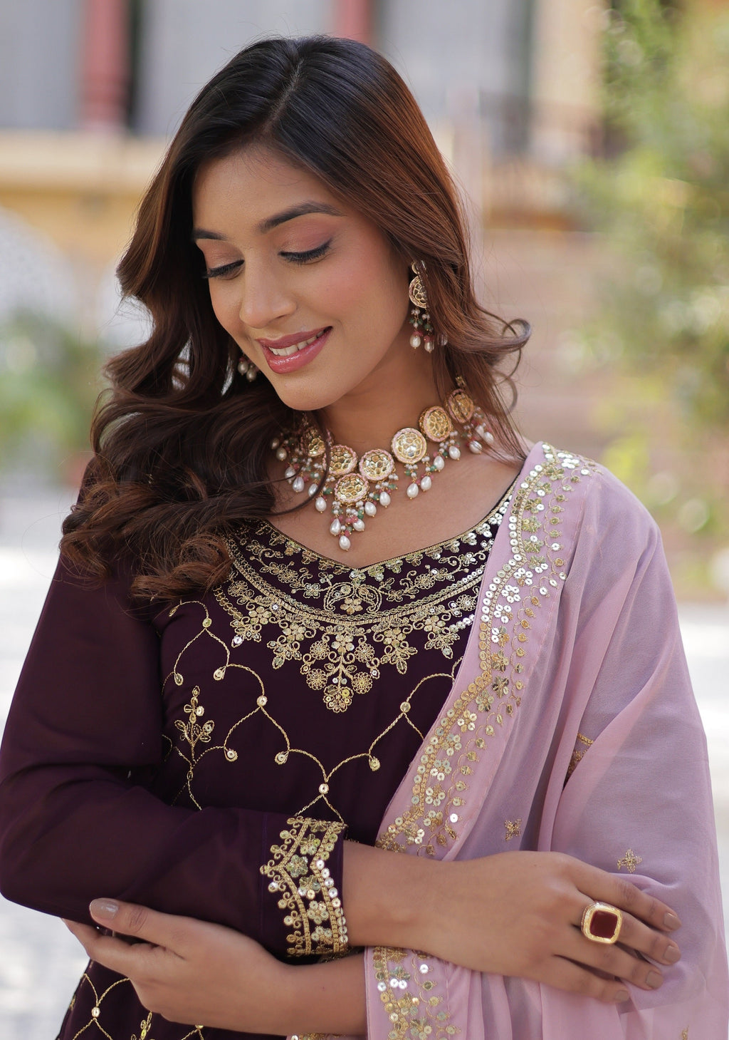 Vedant Vastram Heavy Embroidery & Sequins Work Pure Georgette Kurti Plazo Set With Dupatta - Wine