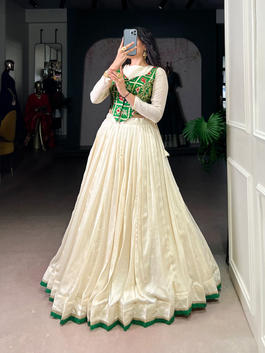 Lorenvalley Fashion Off White Vichitra Silk Lace Touch Up Lehenga Choli