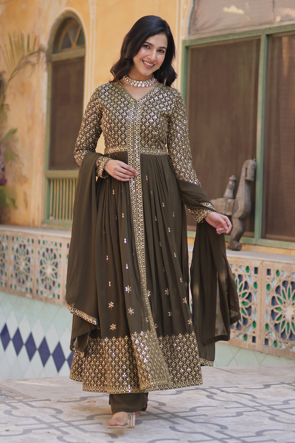 Vedant Vastram Heavy Embroidery & Sequins Work Pure Georgette Kurti Pant Set With Dupatta - Mehendi