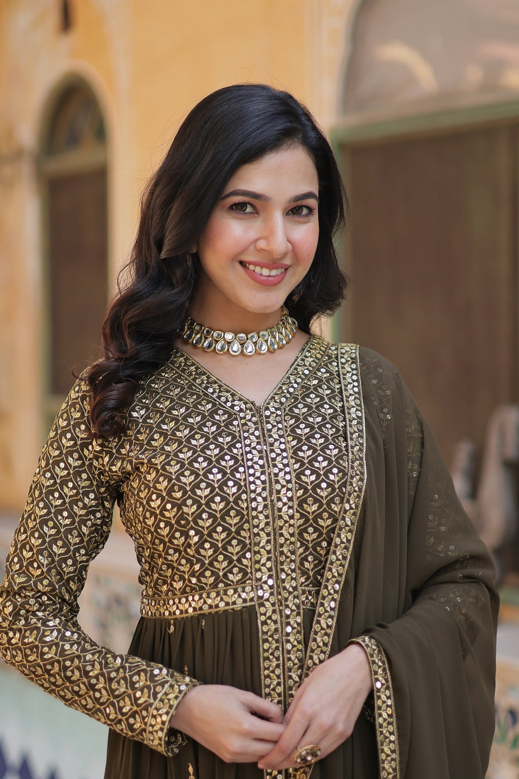 Vedant Vastram Heavy Embroidery & Sequins Work Pure Georgette Kurti Pant Set With Dupatta - Mehendi