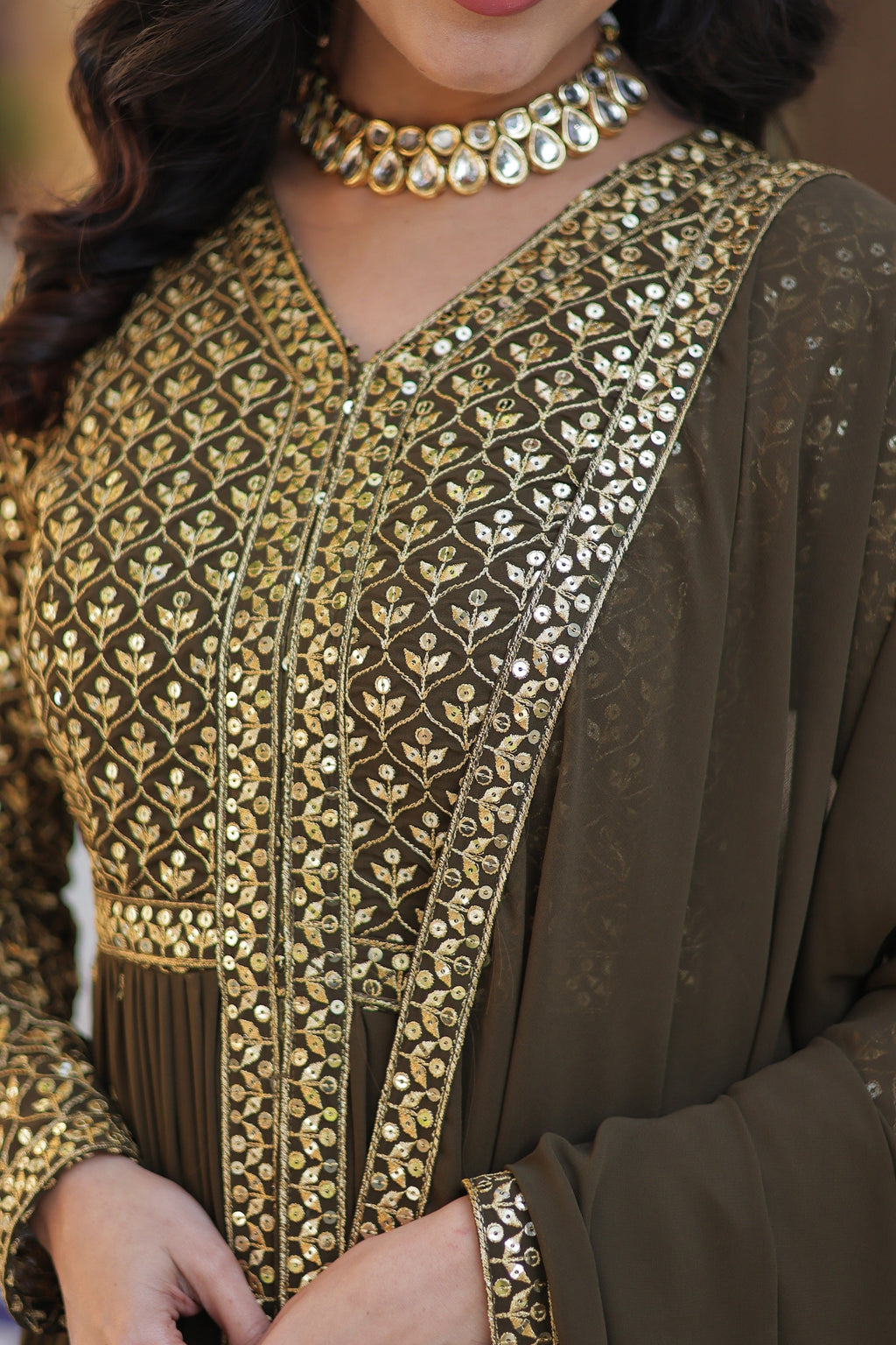 Vedant Vastram Heavy Embroidery & Sequins Work Pure Georgette Kurti Pant Set With Dupatta - Mehendi