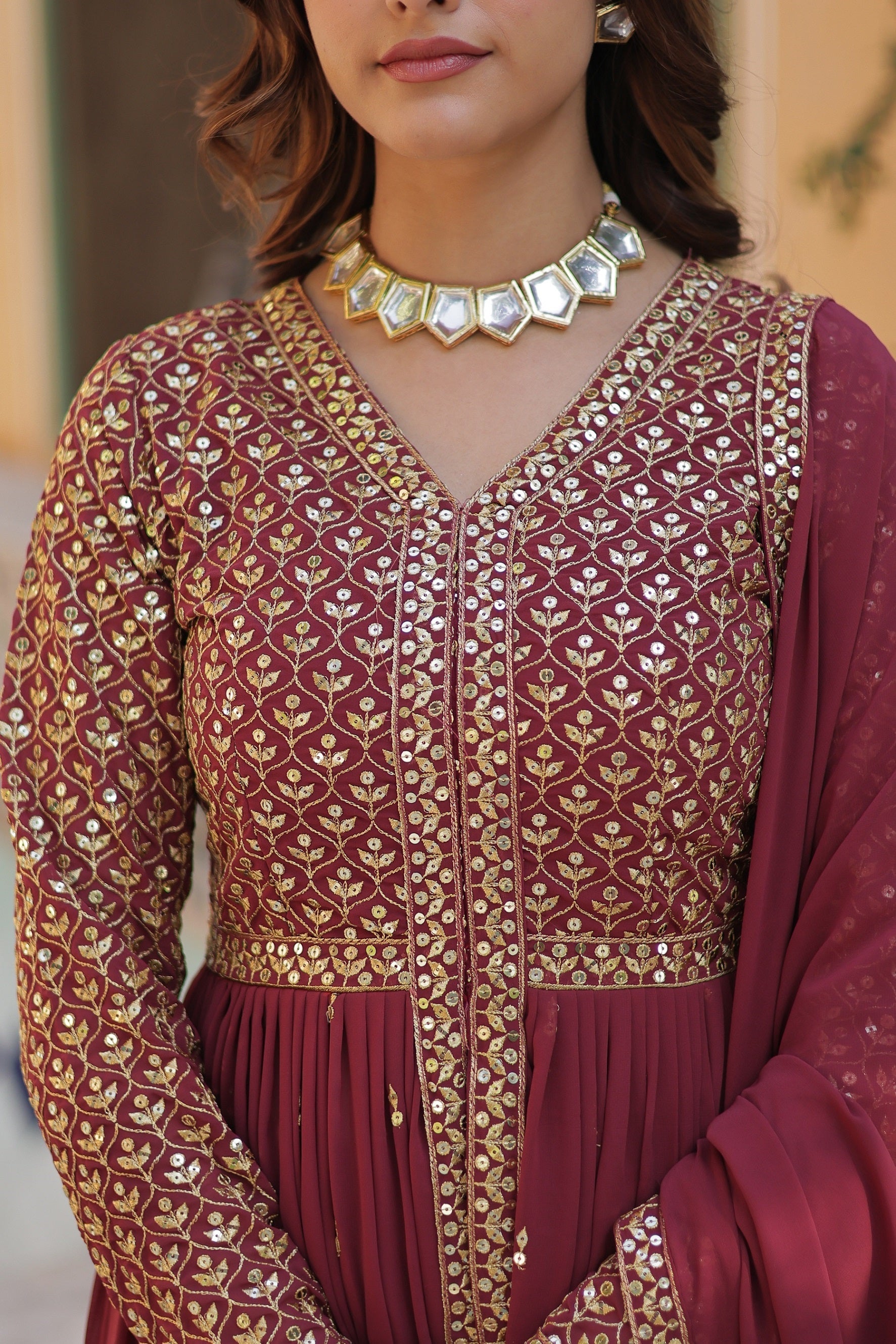 Vedant Vastram Heavy Embroidery & Sequins Work Pure Georgette Kurti Pant Set With Dupatta - Peach