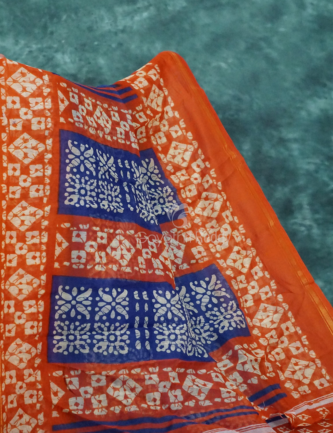 Mix of Blue and Orange Batik Printed Semi Chanderi Saree By Gayathri Reddy Designer Studio