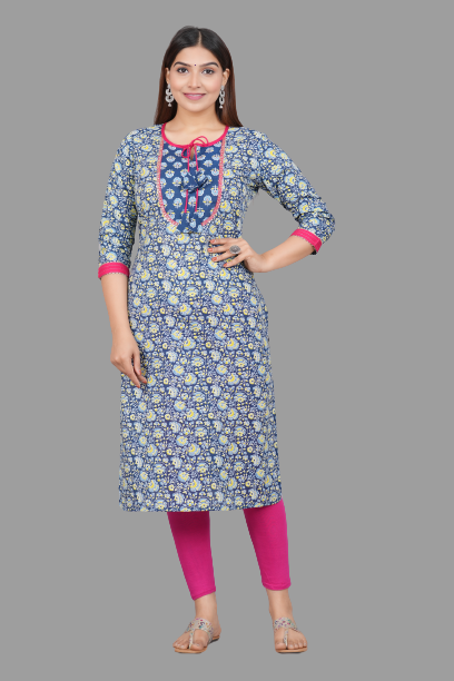 House of RP Women's NavyBlue Rayon Floral Print Kurta
