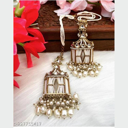 Tehzeeb Creations Stylish White Pearls Gold-Polished Kundan Studded Beads Beaded Drop Earrings With Ear Chain Long Earring Set