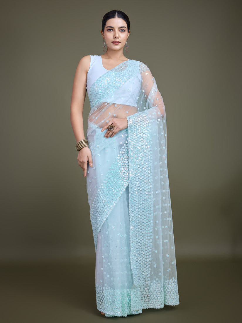 Monjolika Fashion Women'S Light Sky Blue Soft Net SareeWith Sequin Embellished Border And Pallu
