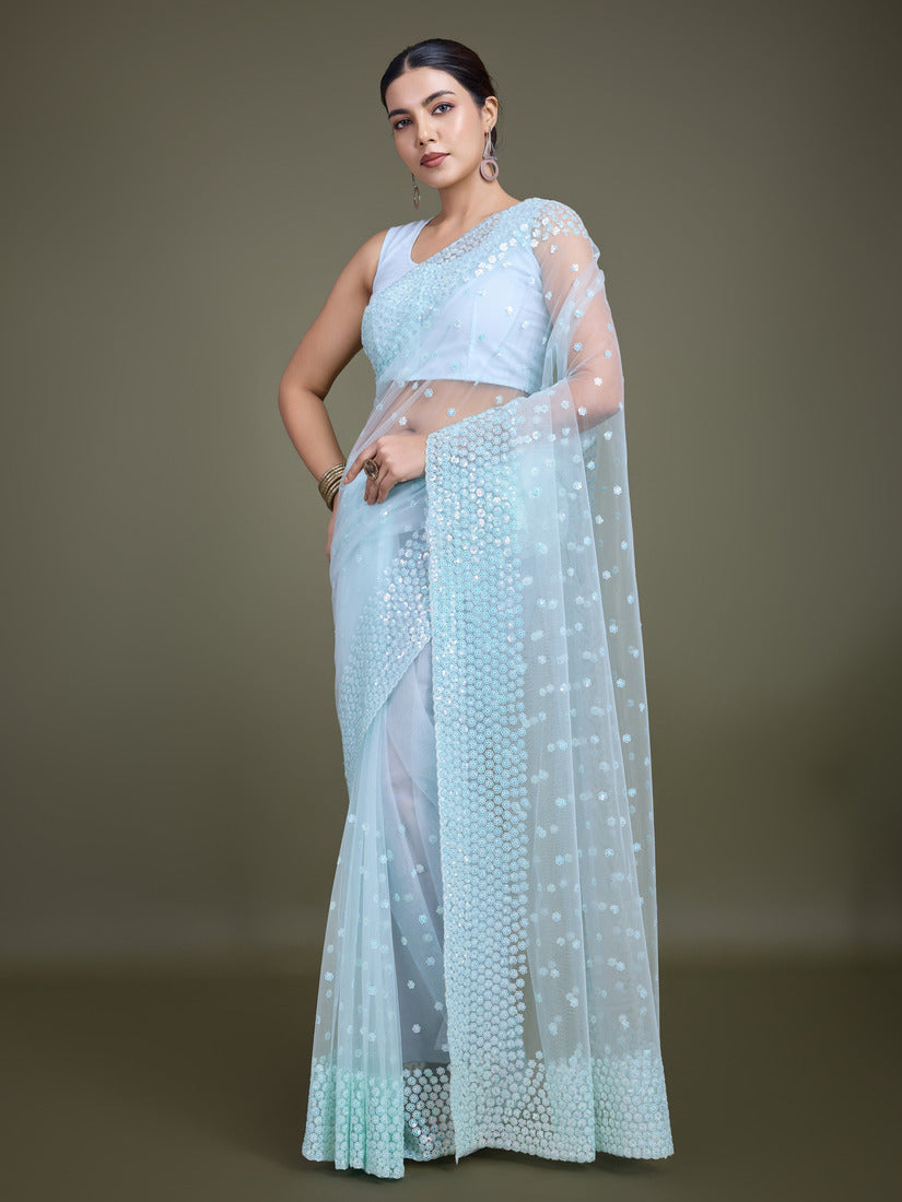 Monjolika Fashion Women'S Light Sky Blue Soft Net SareeWith Sequin Embellished Border And Pallu