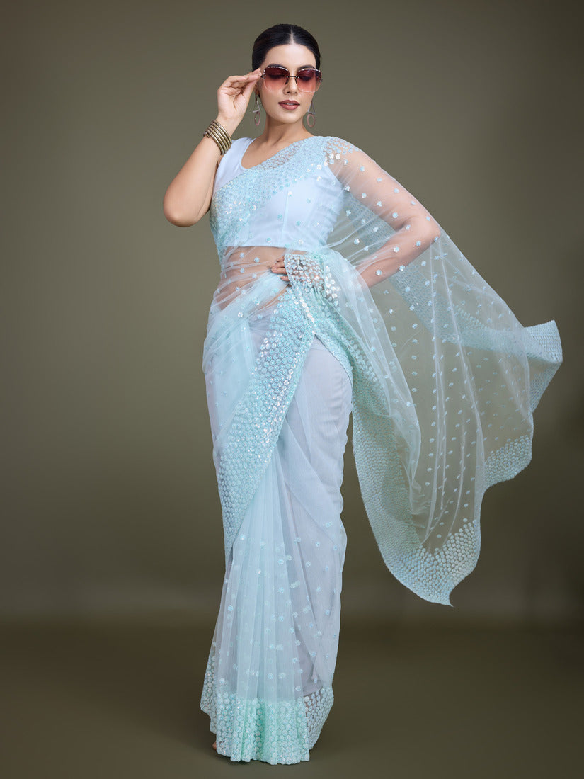 Monjolika Fashion Women'S Light Sky Blue Soft Net SareeWith Sequin Embellished Border And Pallu