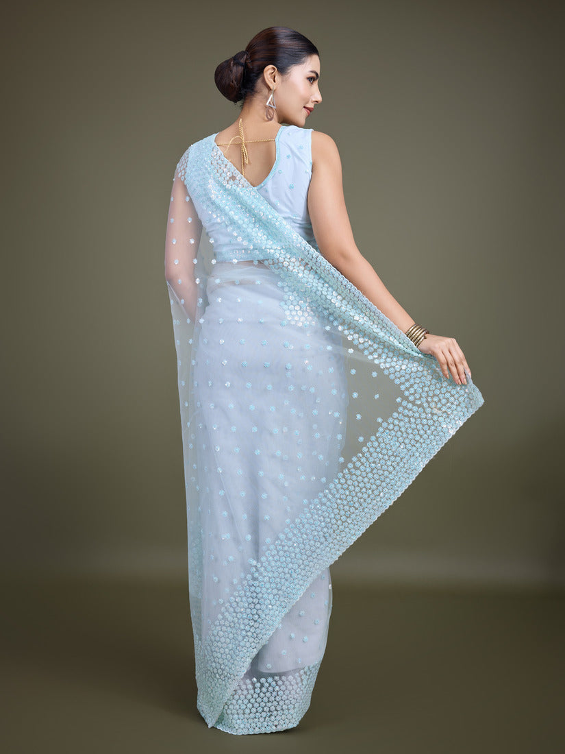 Monjolika Fashion Women'S Light Sky Blue Soft Net SareeWith Sequin Embellished Border And Pallu