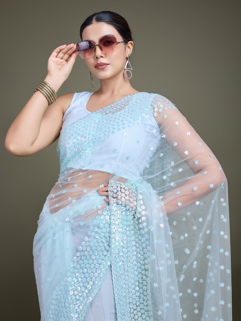 Monjolika Fashion Women'S Light Sky Blue Soft Net SareeWith Sequin Embellished Border And Pallu