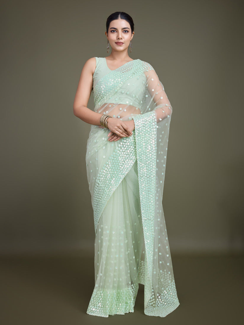 Monjolika Fashion Women'S Light Green Soft Net SareeWith Sequin Embellished Border And Pallu