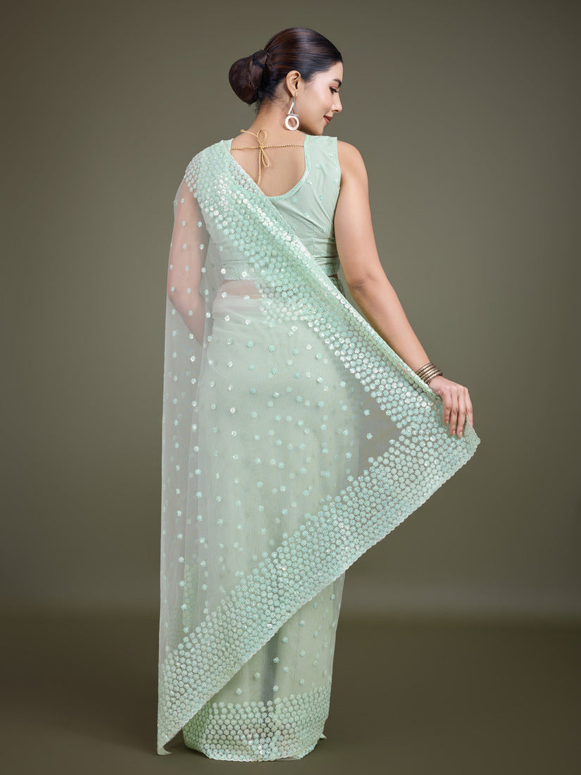 Monjolika Fashion Women'S Light Green Soft Net SareeWith Sequin Embellished Border And Pallu