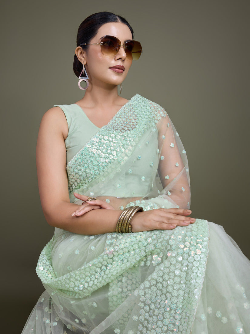 Monjolika Fashion Women'S Light Green Soft Net SareeWith Sequin Embellished Border And Pallu
