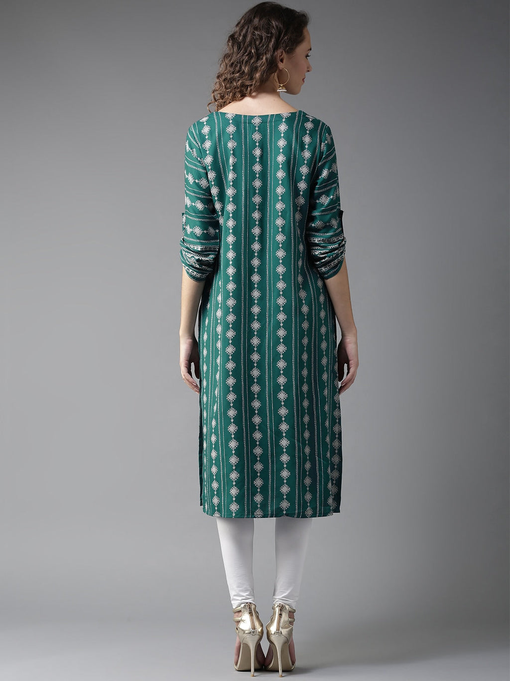 HERE&NOW Women Teal Green & White Printed Straight Kurta