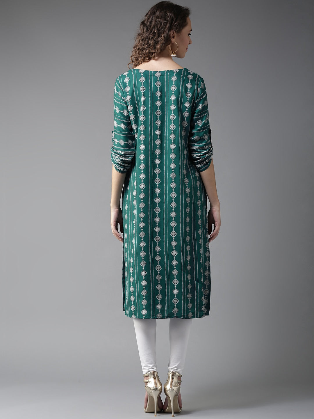 HERE&NOW Women Teal Green & White Printed Straight Kurta