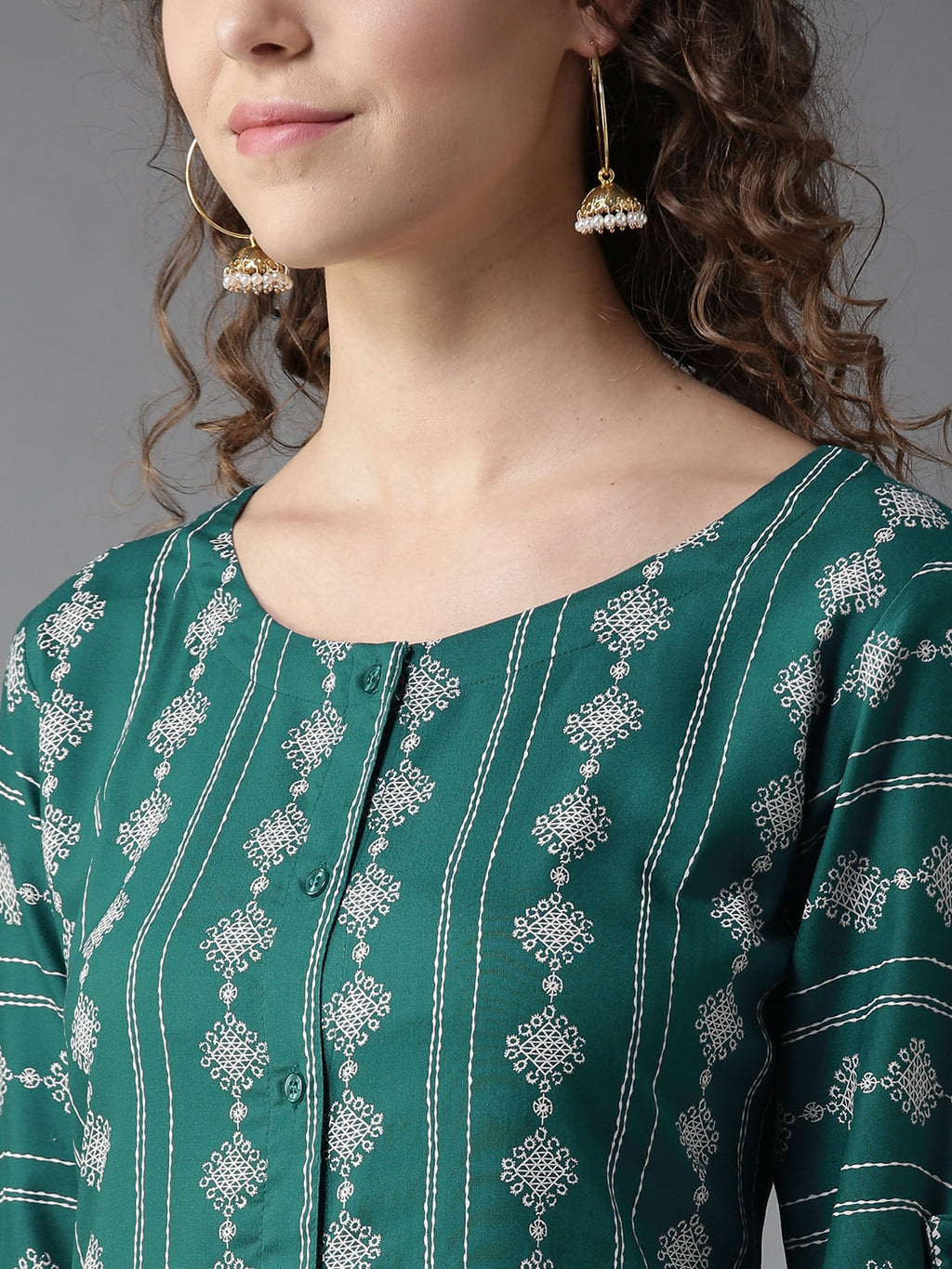 HERE&NOW Women Teal Green & White Printed Straight Kurta