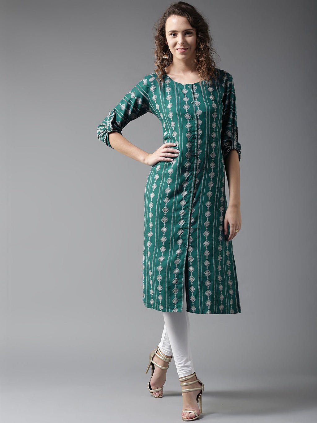 HERE&NOW Women Teal Green & White Printed Straight Kurta