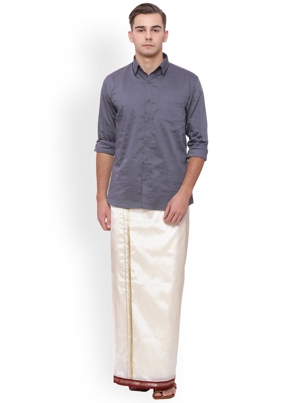 Sethukrishna Men Cream Solid Double Layer Readymade Dhoti With Pocket