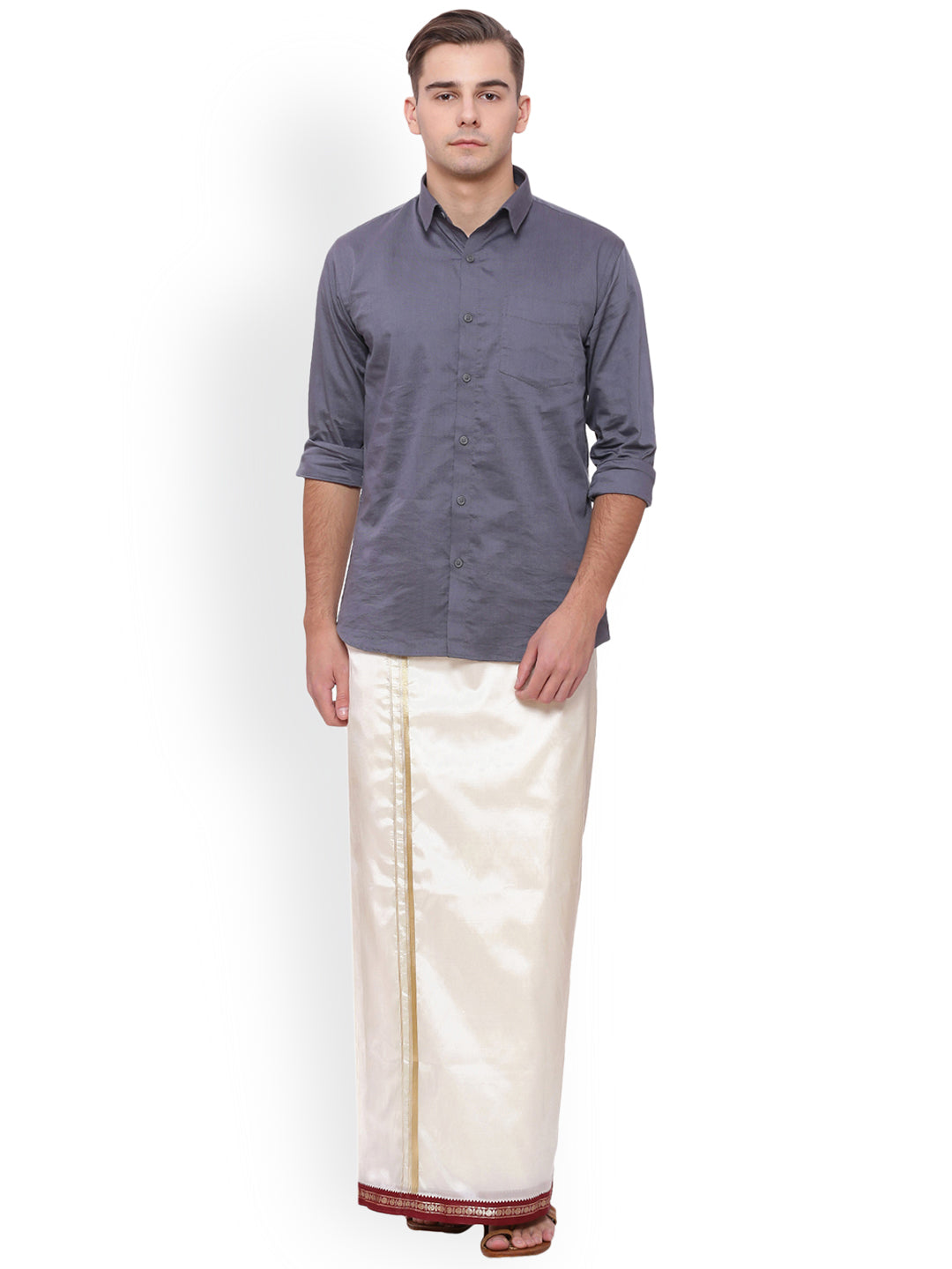 Sethukrishna Men Cream Solid Double Layer Readymade Dhoti With Pocket