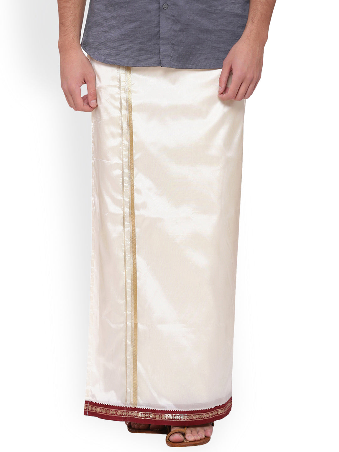 Sethukrishna Men Cream Solid Double Layer Readymade Dhoti With Pocket