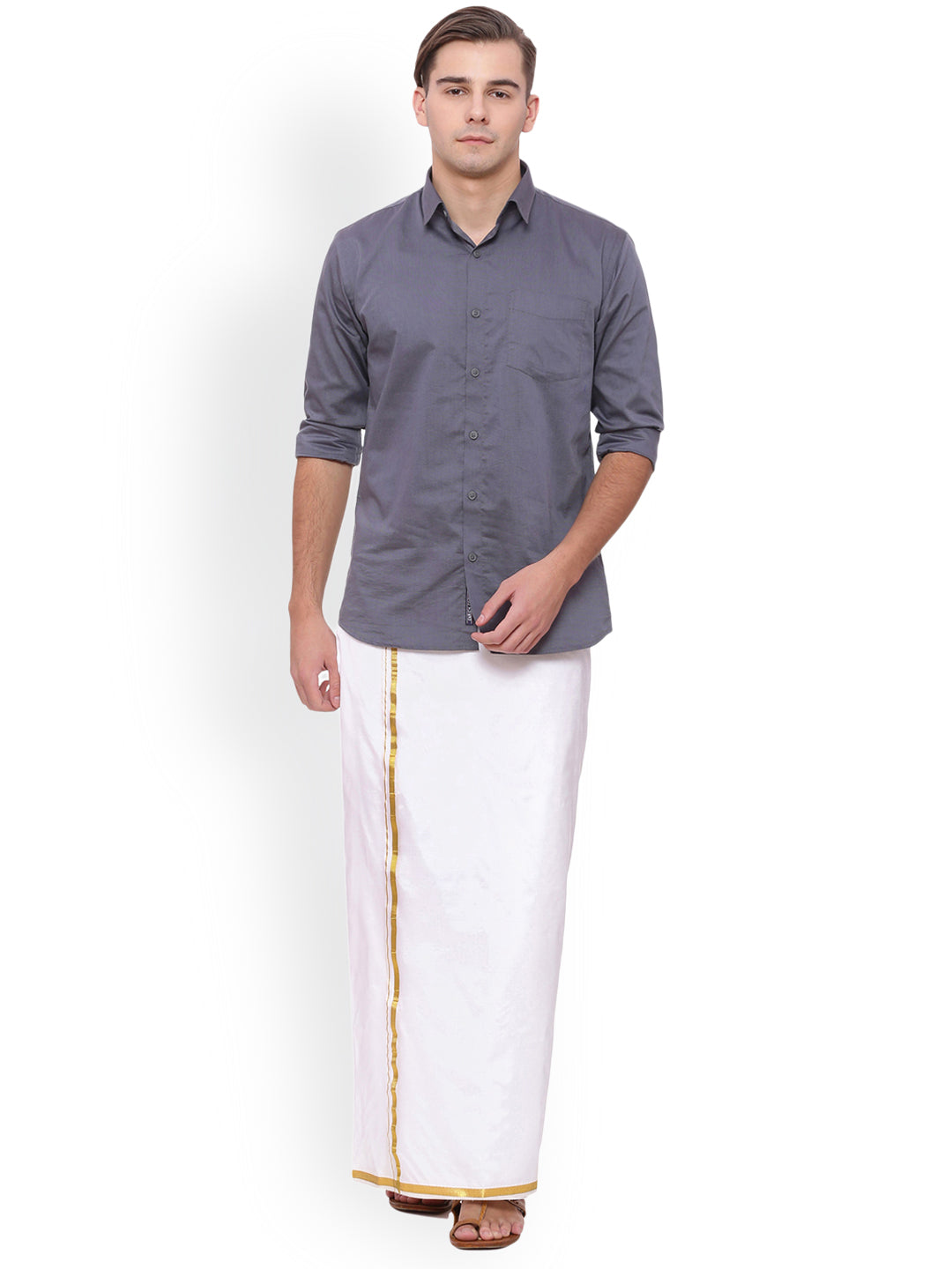 Sethukrishna Men White Solid Double Layer Readymade Dhoti With Pocket