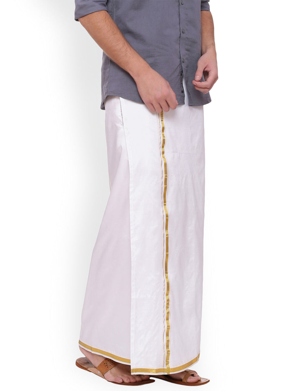 Sethukrishna Men White Solid Double Layer Readymade Dhoti With Pocket