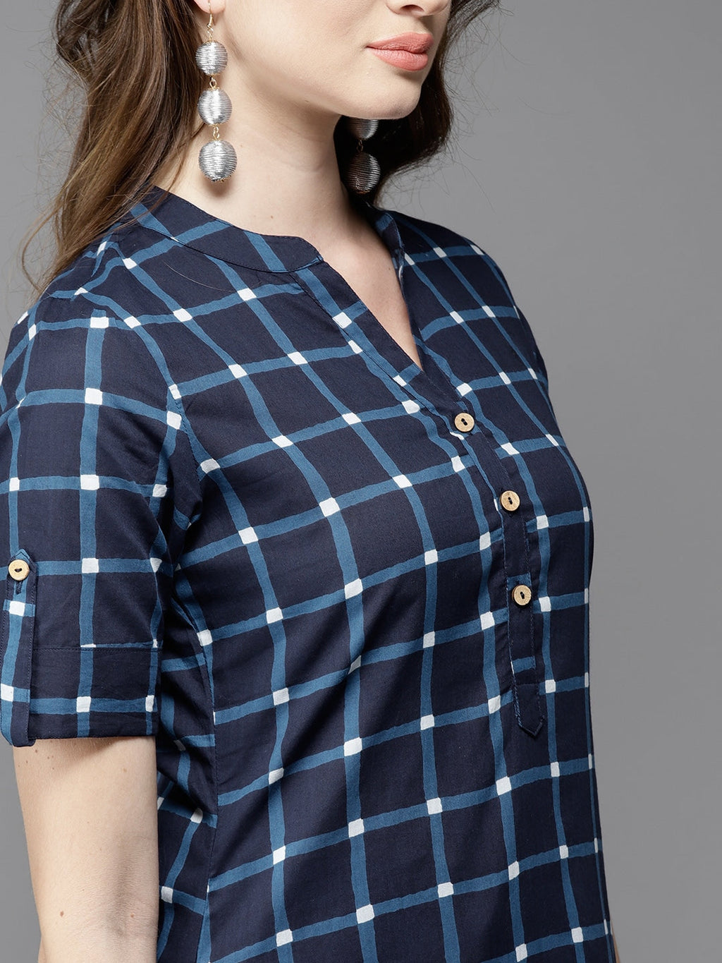 HERE&NOW Women Blue Checked Straight Kurta
