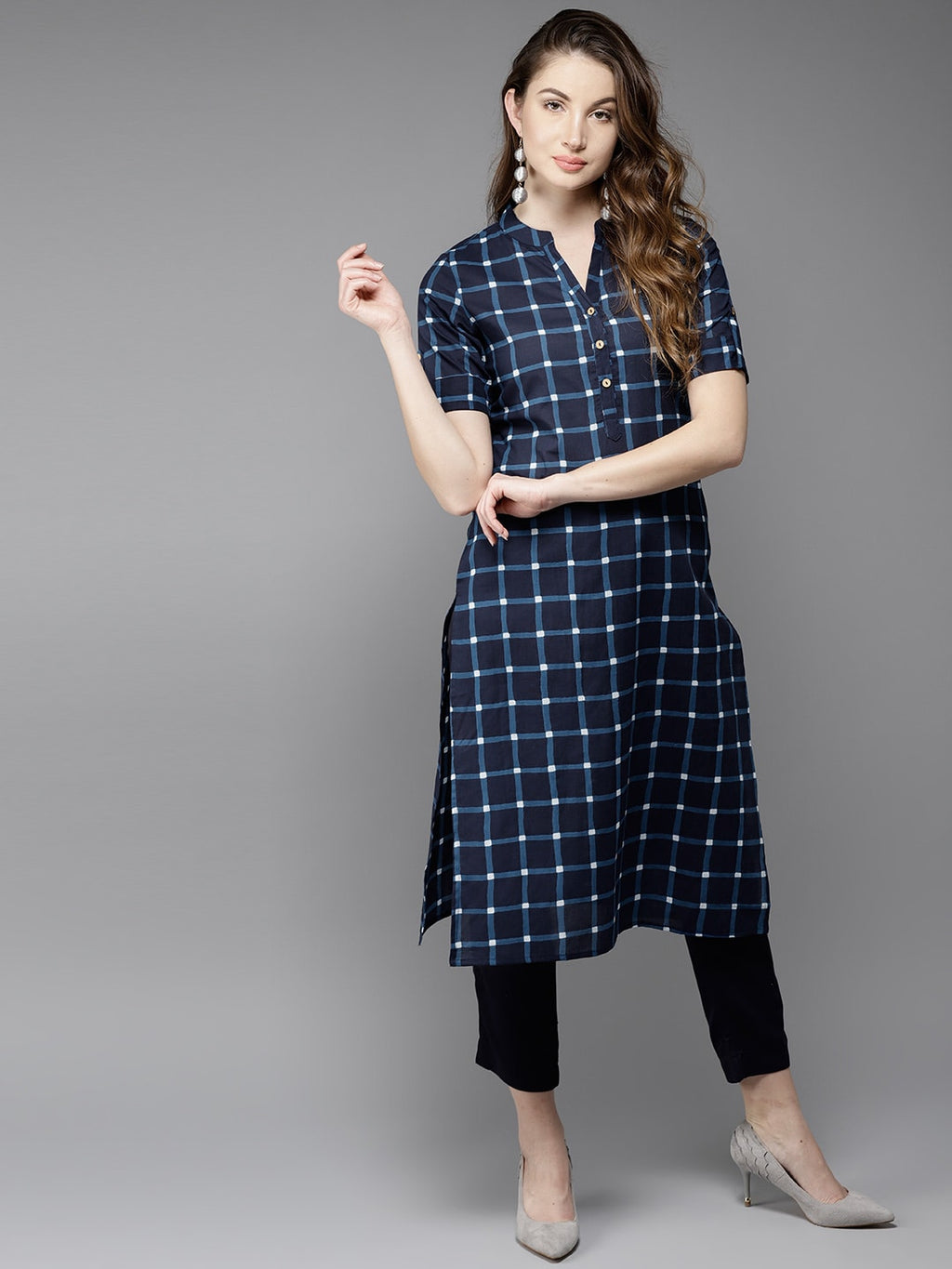 HERE&NOW Women Blue Checked Straight Kurta