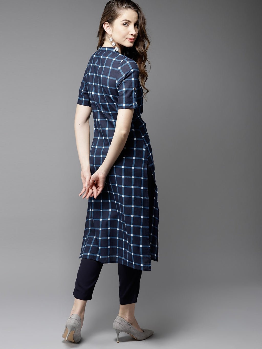 HERE&NOW Women Blue Checked Straight Kurta