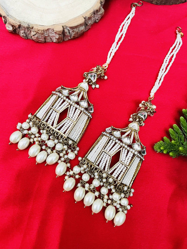 Tehzeeb Creations Stylish White Pearls Gold-Polished Kundan Studded Beads Beaded Drop Earrings With Ear Chain Long Earring Set