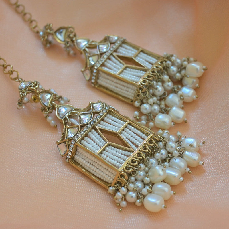 Tehzeeb Creations Stylish White Pearls Gold-Polished Kundan Studded Beads Beaded Drop Earrings With Ear Chain Long Earring Set