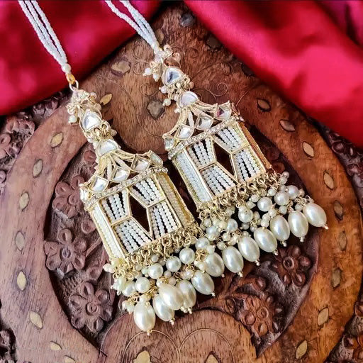 Tehzeeb Creations Stylish White Pearls Gold-Polished Kundan Studded Beads Beaded Drop Earrings With Ear Chain Long Earring Set