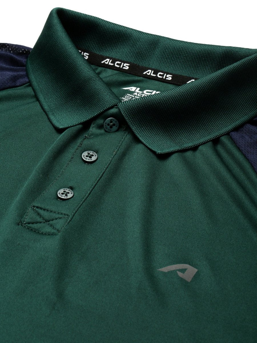 Alcis Men Green & Navy Blue Colourblocked Polo Collar Slim Fit Running T-shirt