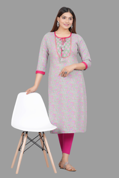 House of RP Women's Grey Rayon Floral Print Kurta