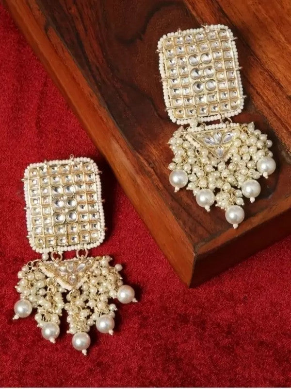 Tehzeeb Creations Jewellery Gold Tone Jadau Kundan & Pearls Large Drop Earrings For Women & Girls