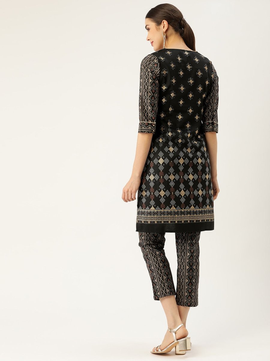 All About You Women Black & Golden Printed Sequinned Kurta with Trousers
