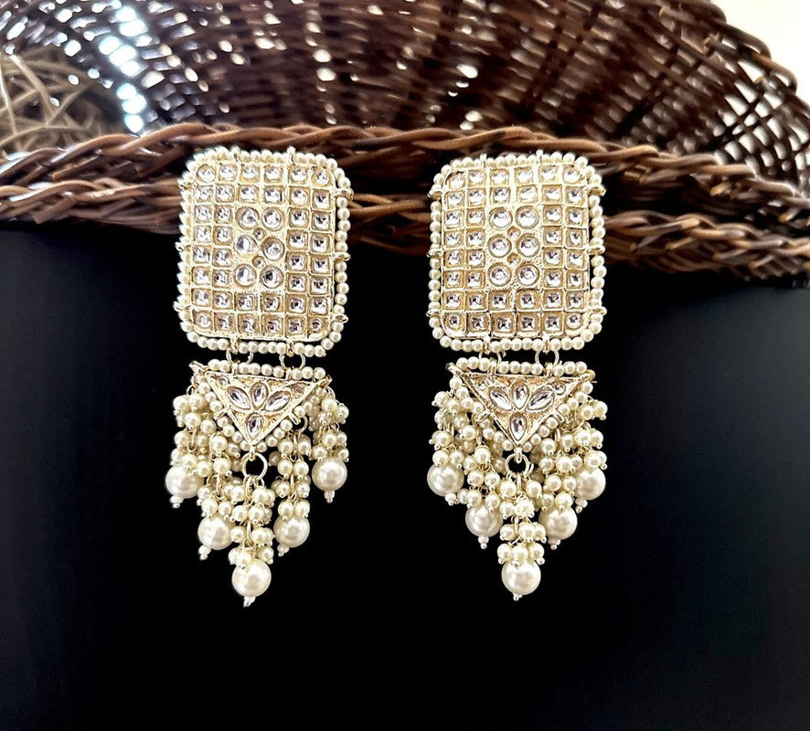 Tehzeeb Creations Jewellery Gold Tone Jadau Kundan & Pearls Large Drop Earrings For Women & Girls
