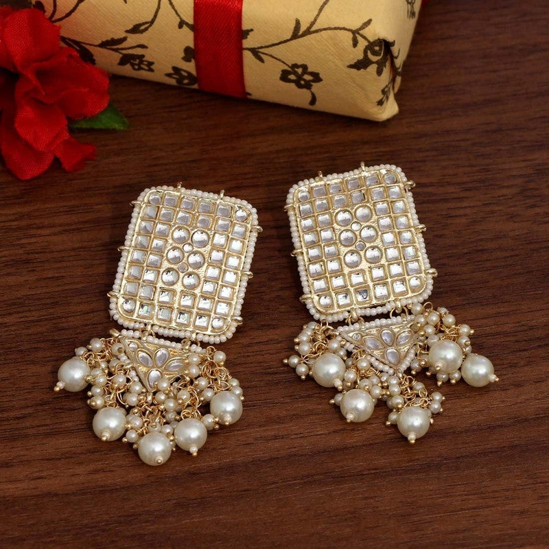 Tehzeeb Creations Jewellery Gold Tone Jadau Kundan & Pearls Large Drop Earrings For Women & Girls