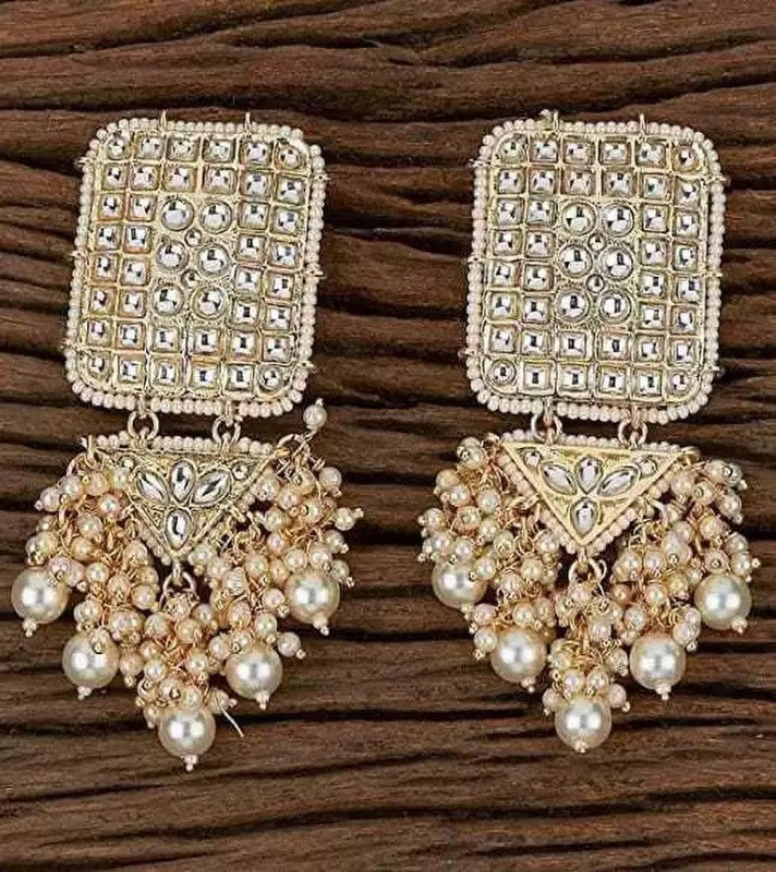 Tehzeeb Creations Jewellery Gold Tone Jadau Kundan & Pearls Large Drop Earrings For Women & Girls